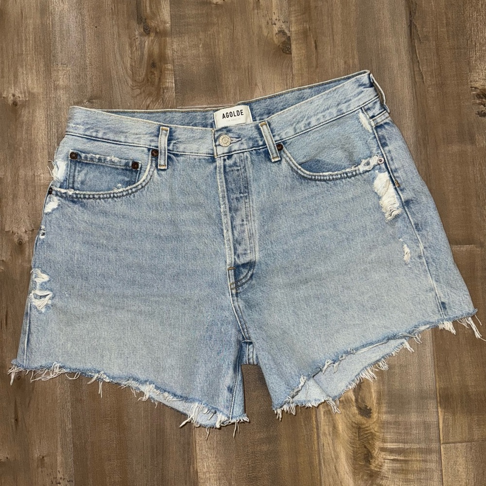 Agolde Light Blue Distressed Denim Jean Shorts